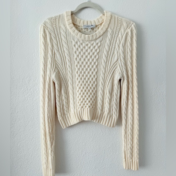 Milly Ivory Cable Knit Pullover Crop Soft Wool Sweater Size L - Picture 6 of 12